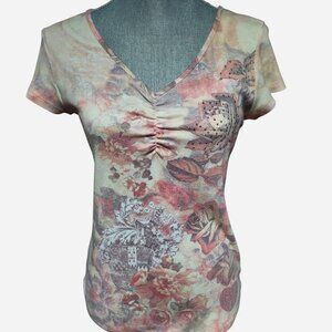 Floral Euro Style Grunge V Neck Rhinestone Short Sleeve Top Apt 9 Size Medium